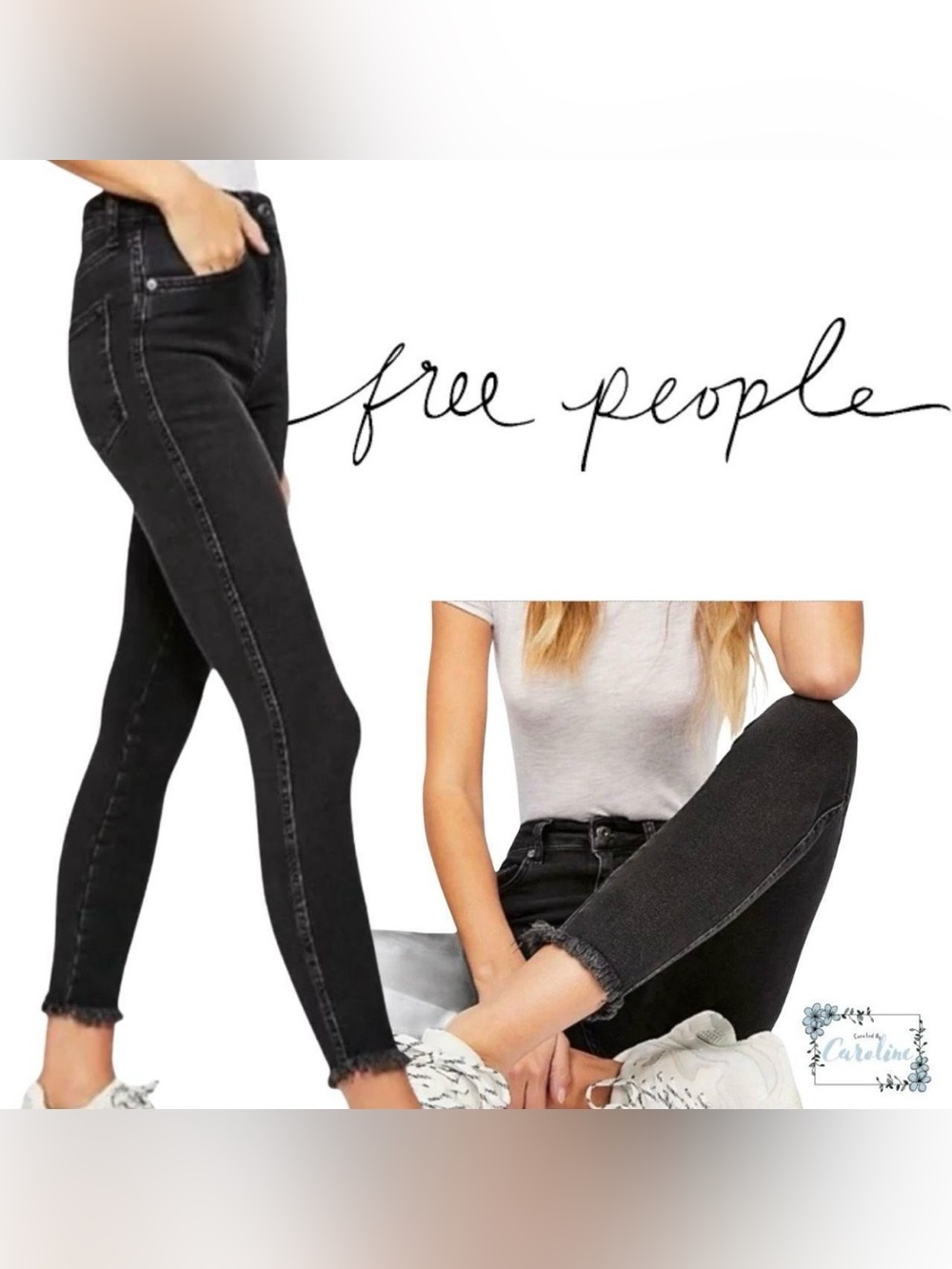 Free People Black Skinny Jeans with Raw Hem